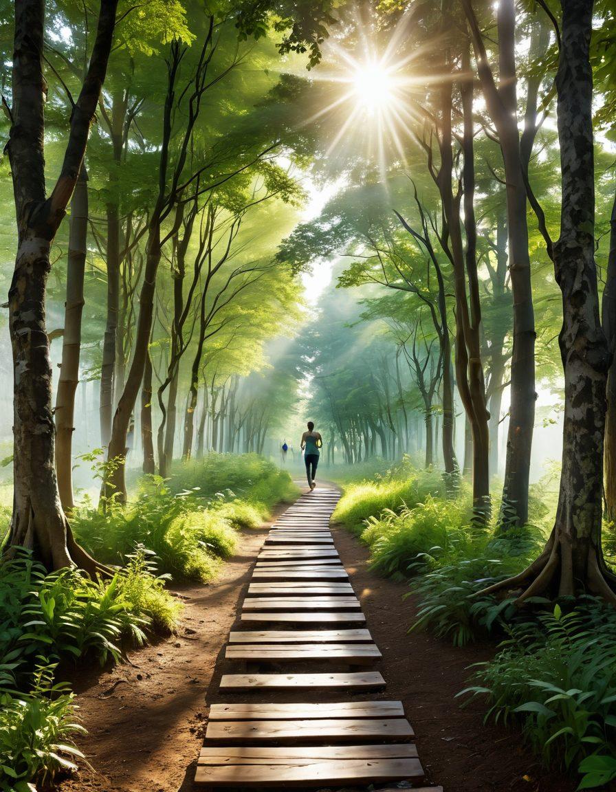 A serene pathway through a lush green forest, symbolizing a journey through challenges, with signposts indicating 'Wellness Tips' and 'Disease Prevention'. In the foreground, a diverse group of individuals (different ages, ethnicities) are engaging in supportive activities like yoga and meditation, radiating positivity. Soft, warm sunlight filters through the trees, creating a calming atmosphere. super-realistic. vibrant colors. peaceful background.