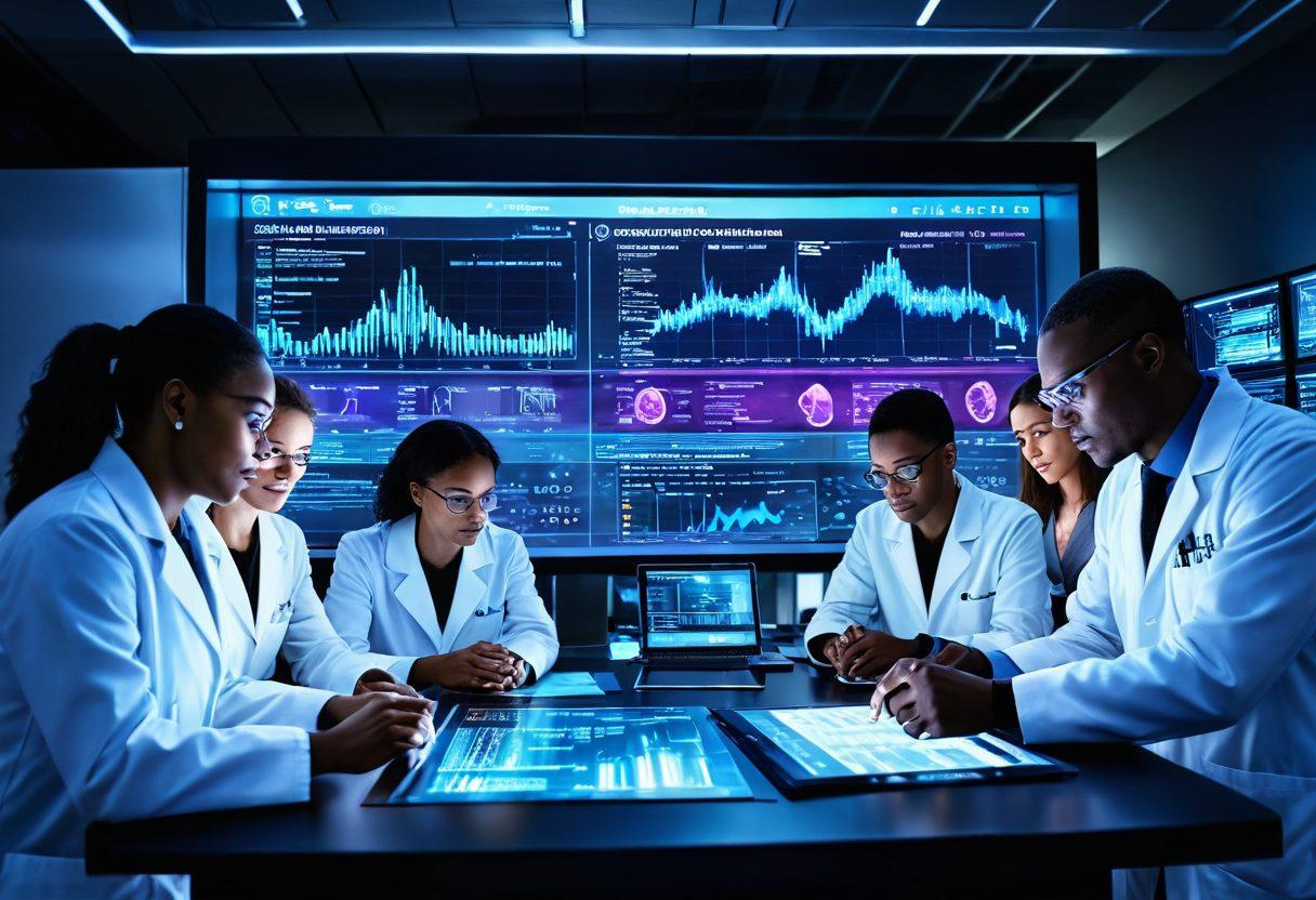 A dynamic visual of a diverse group of medical researchers collaborating over a high-tech lab table, featuring a glowing DNA double helix and advanced research equipment. In the background, a digital display showcases oncology data, clinical trial results, and scientific charts. The scene is vibrant and filled with energy, symbolizing innovation in cancer treatment. super-realistic. vibrant colors. high-tech environment.